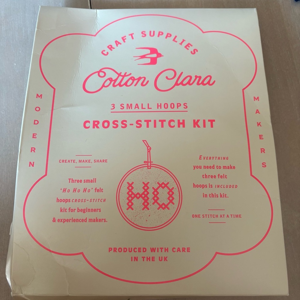 5/$30 Cotton Clara Cross-Stitch Kit - 3 Small Hoops " HO HO HO" NWT